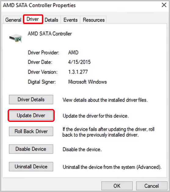 Driver tab in Properties window